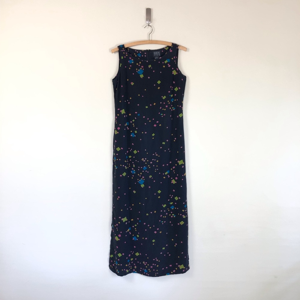 vintage 90s silk abstract geometric square print maxi dress normcore grunge y2k - Picture 6 of 12